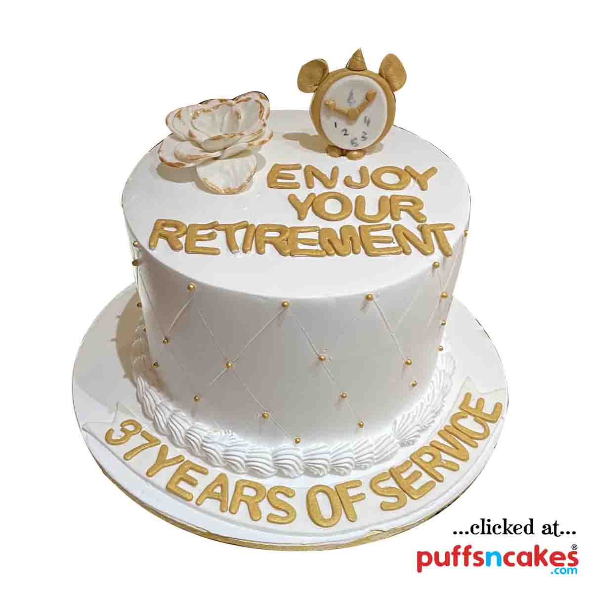 (1842) White And Golden Clock Retirement Theme Semi Fondant Cake